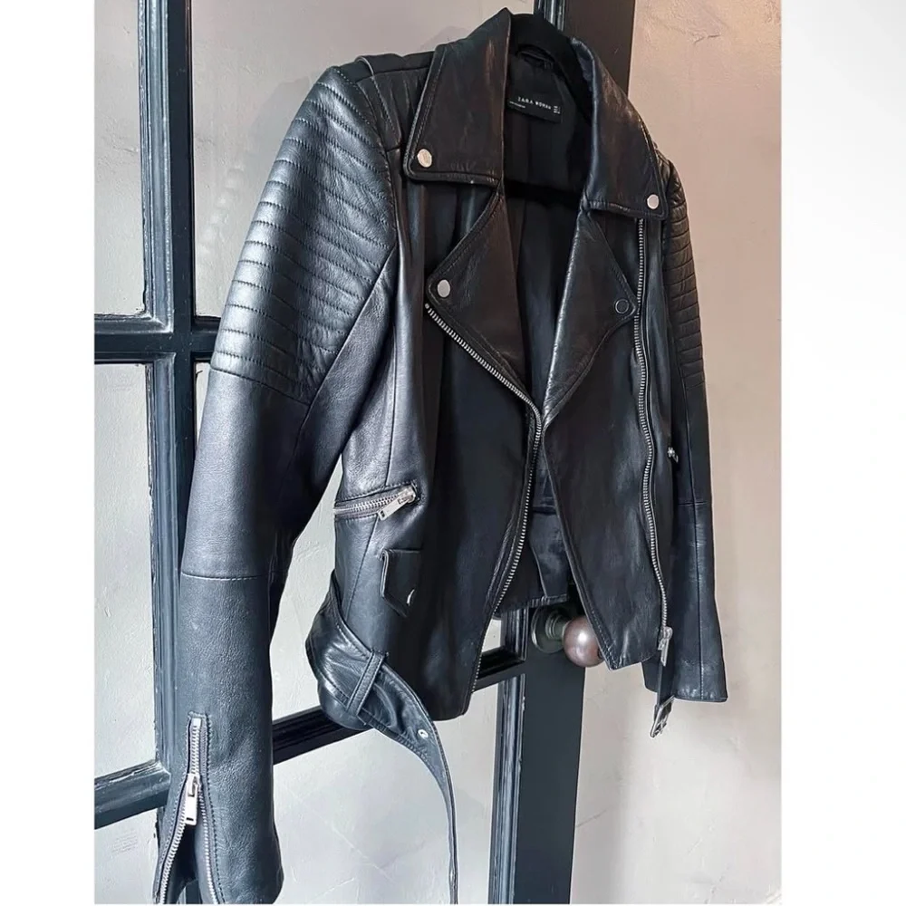 ZARA Genuine Leather Motorcycle Jacket Size S – Black - Like New! - Picture 3 of 6